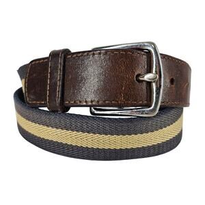 COACH VINTAGE BROWN LEATHER, GRAY & BEIGE STRIPE BELT – CHROME BUCKLE – SIZE 36"